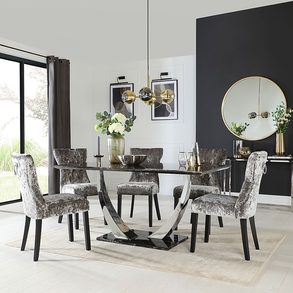 Peake Dining Table & 6 Kensington Chairs, Black Marble Effect & Chrome, Silver Crushed Velvet & Black Solid Hardwood, 160cm