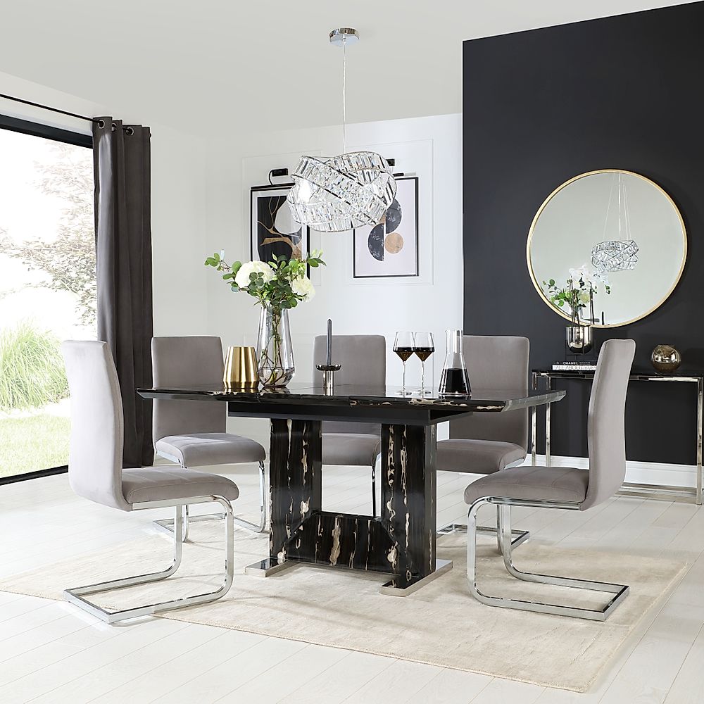 Florence Extending Dining Table & 4 Perth Chairs, Black Marble Effect, Grey Classic Velvet & Chrome, 120-160cm