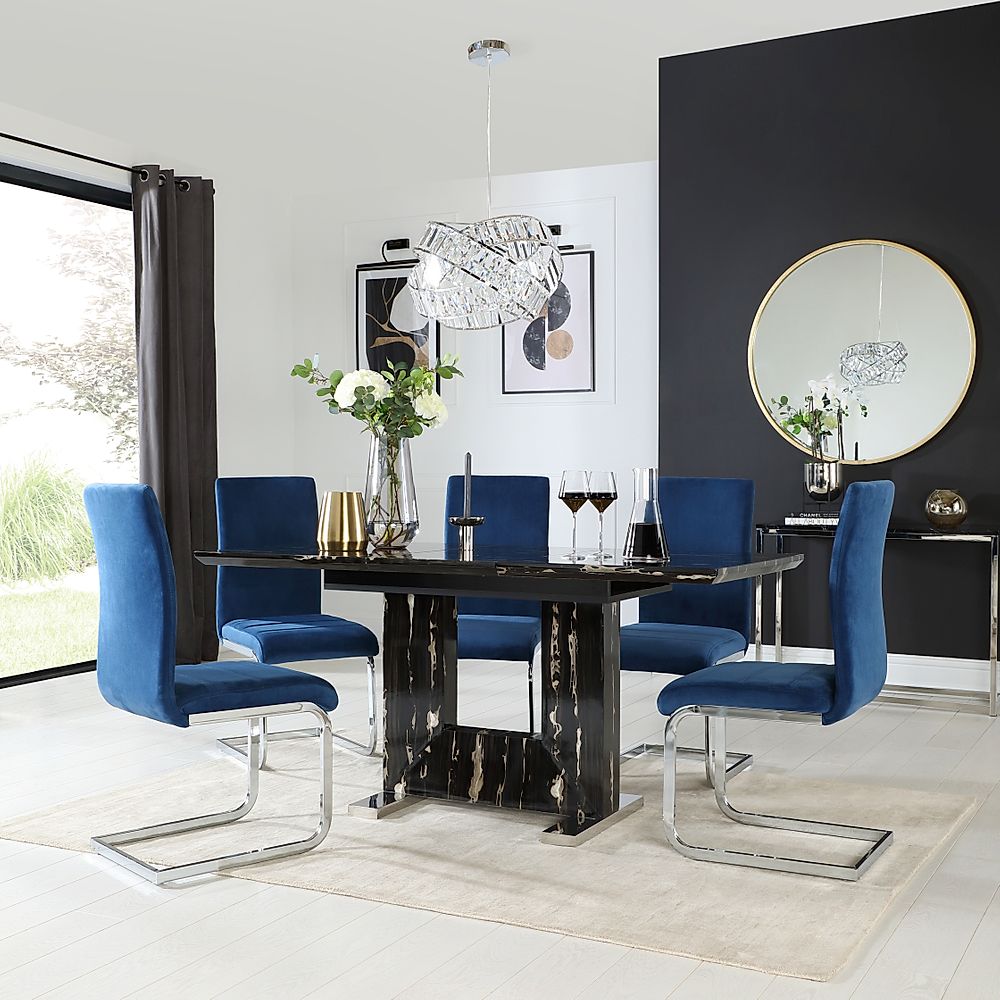 Florence Extending Dining Table & 6 Perth Chairs, Black Marble Effect, Blue Classic Velvet & Chrome, 120-160cm