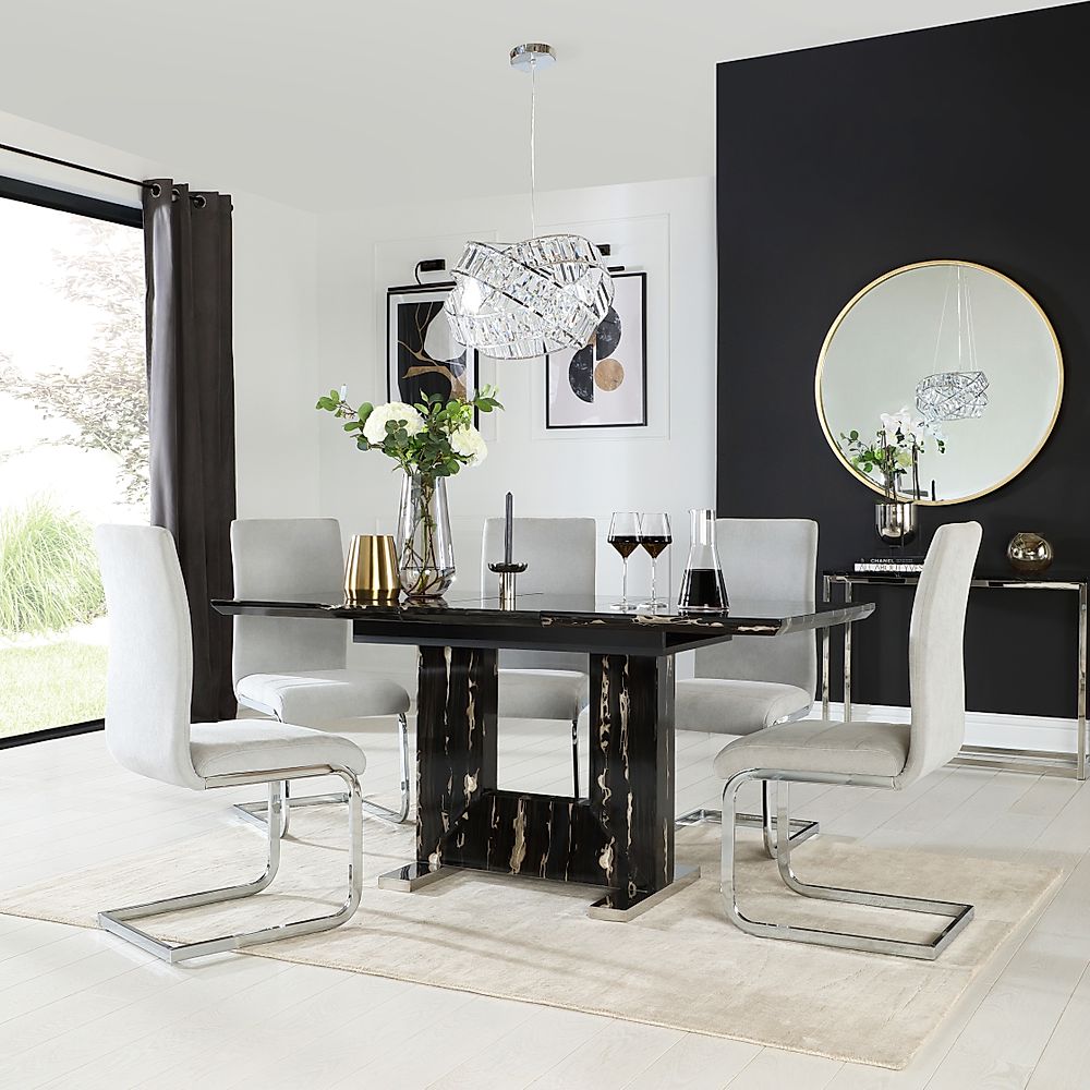 Florence Extending Dining Table & 4 Perth Chairs, Black Marble Effect, Dove Grey Classic Plush Fabric & Chrome, 120-160cm