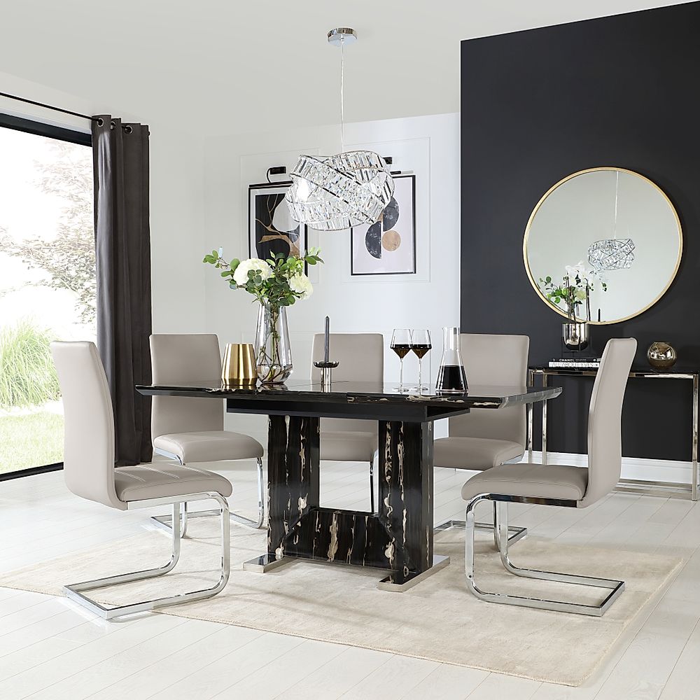 Florence Extending Dining Table & 6 Perth Chairs, Black Marble Effect, Stone Grey Classic Faux Leather & Chrome, 120-160cm