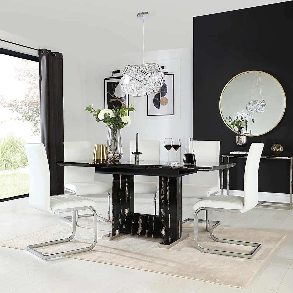 Florence Extending Dining Table & 6 Perth Chairs, Black Marble Effect, White Premium Faux Leather & Chrome, 120-160cm