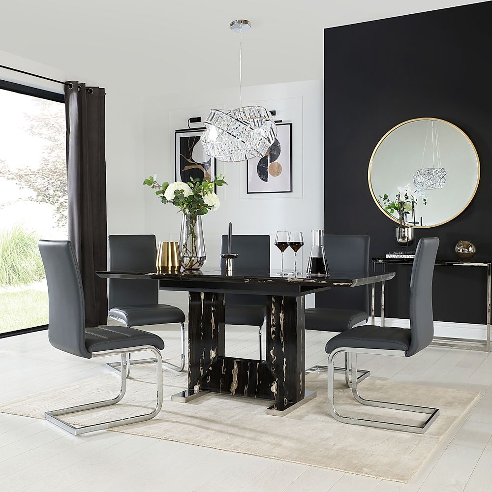 Florence Extending Dining Table & 4 Perth Chairs, Black Marble Effect, Grey Classic Faux Leather & Chrome, 120-160cm