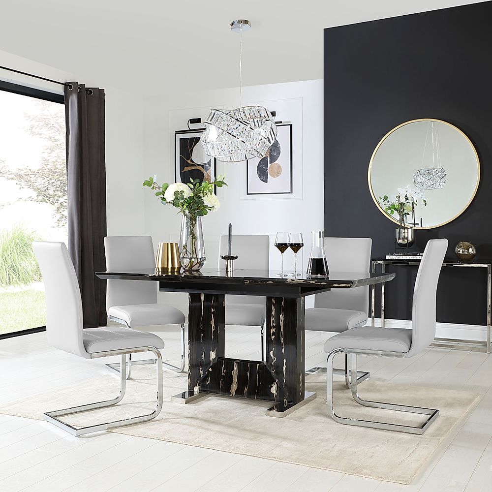 Florence Extending Dining Table & 6 Perth Chairs, Black Marble Effect, Light Grey Classic Faux Leather & Chrome, 120-160cm
