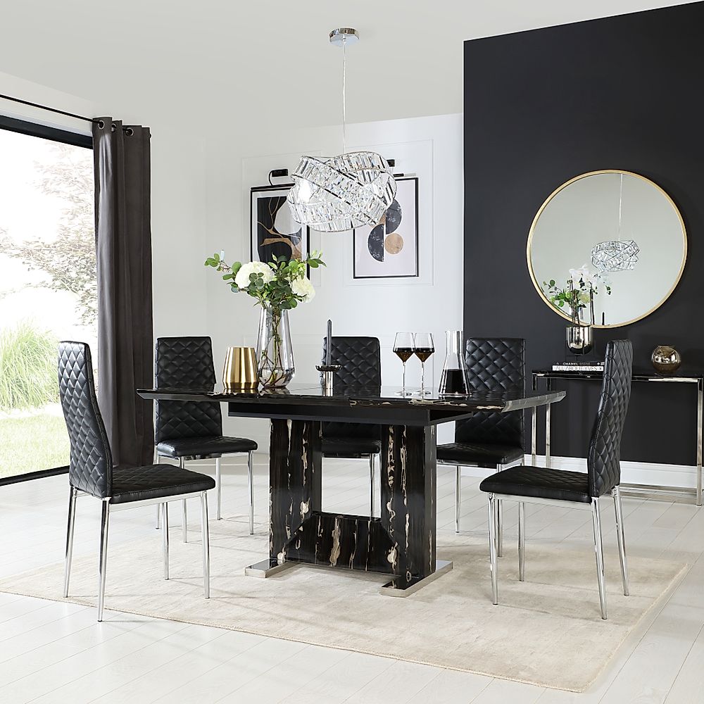 Florence Extending Dining Table & 4 Renzo Chairs, Black Marble Effect, Black Classic Faux Leather & Chrome, 120-160cm