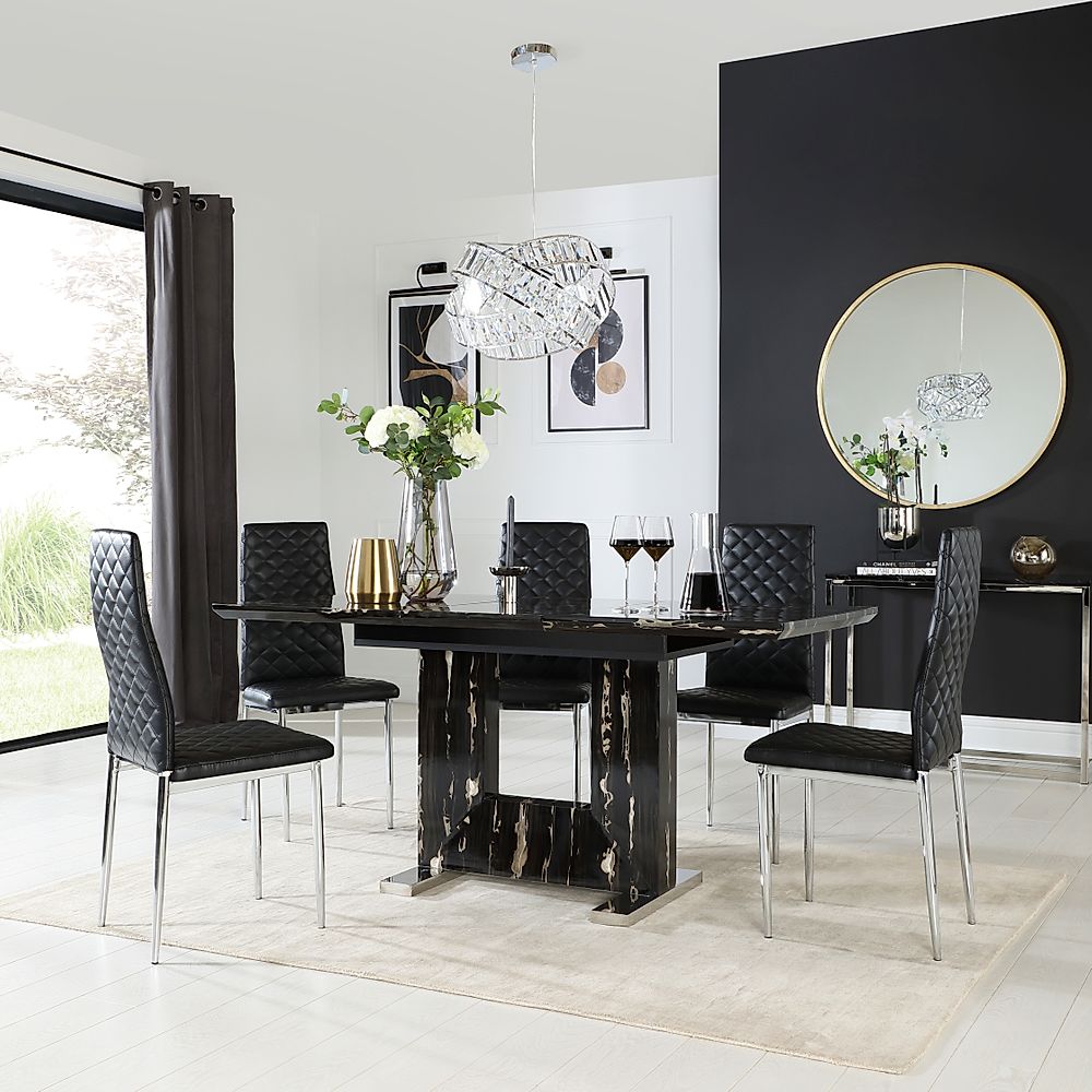 Florence Extending Dining Table & 6 Renzo Chairs, Black Marble Effect, Black Classic Faux Leather & Chrome, 120-160cm