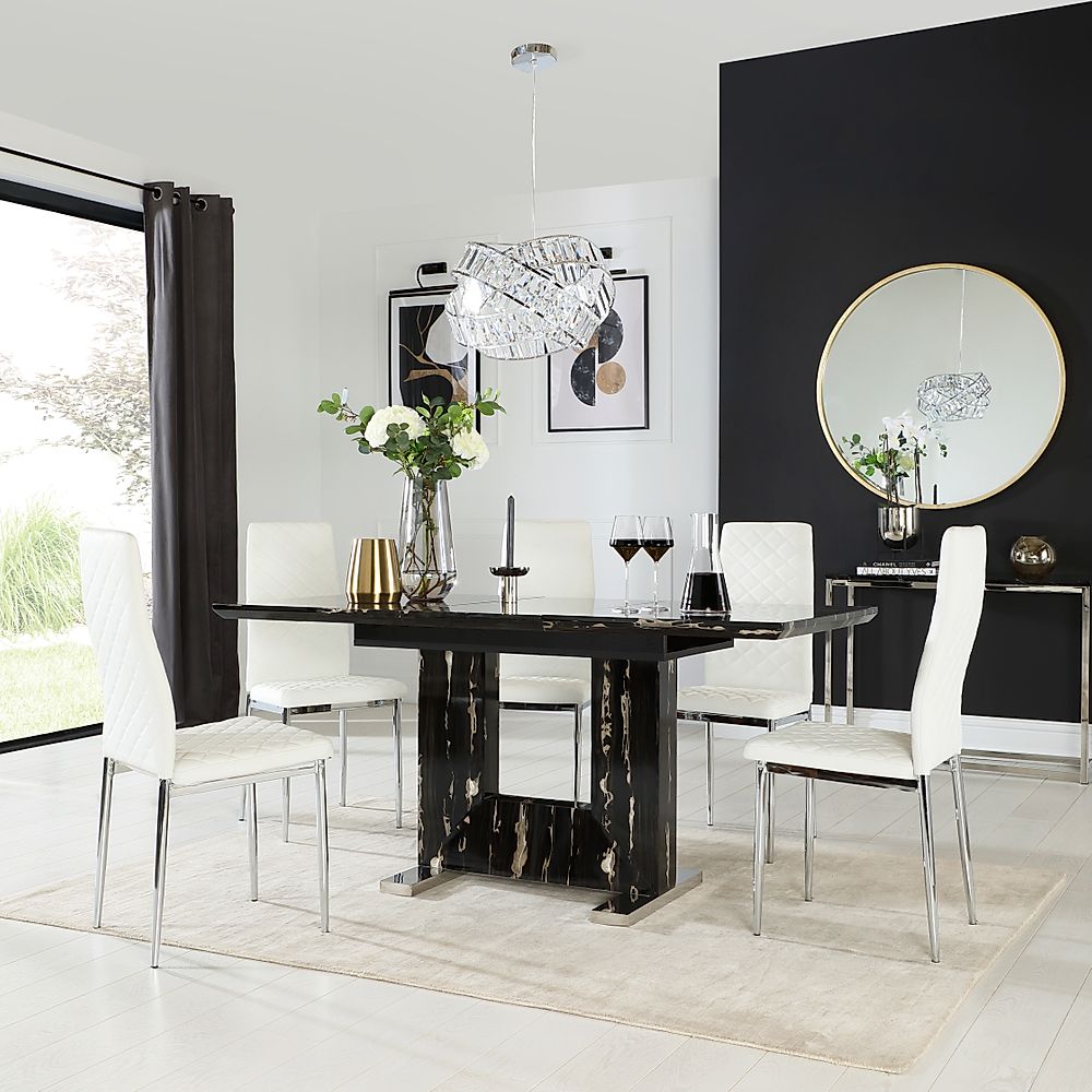 Florence Extending Dining Table & 4 Renzo Chairs, Black Marble Effect, White Classic Faux Leather & Chrome, 120-160cm