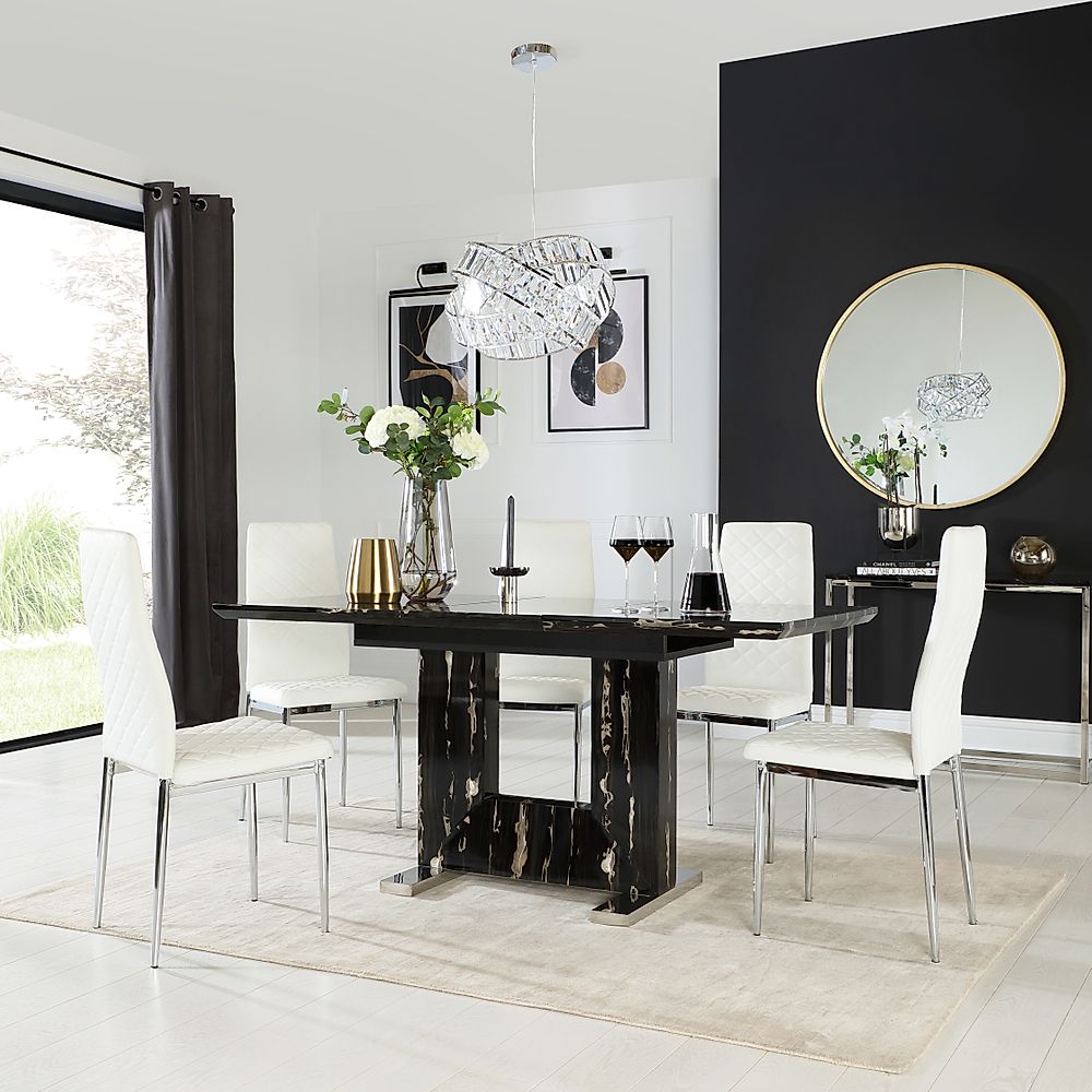 Florence Extending Dining Table & 6 Renzo Chairs, Black Marble Effect, White Classic Faux Leather & Chrome, 120-160cm