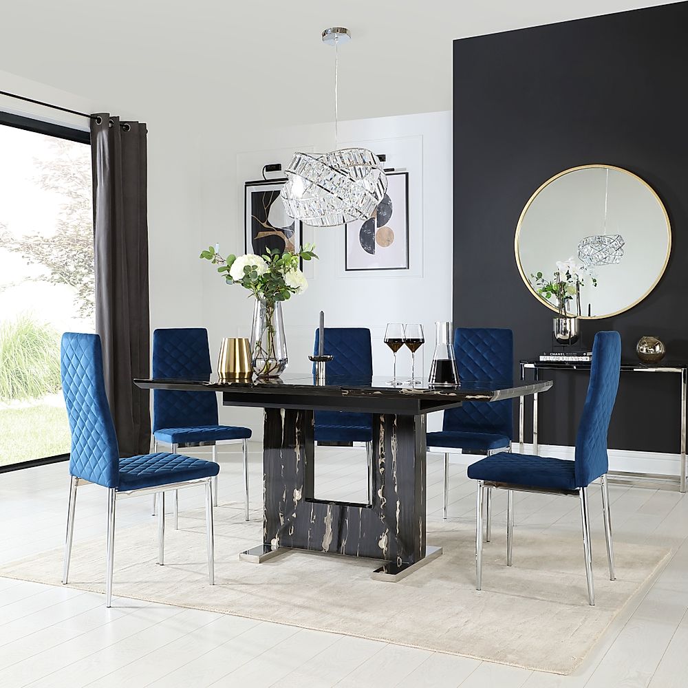 Florence Extending Dining Table & 4 Renzo Chairs, Black Marble Effect, Blue Classic Velvet & Chrome, 120-160cm