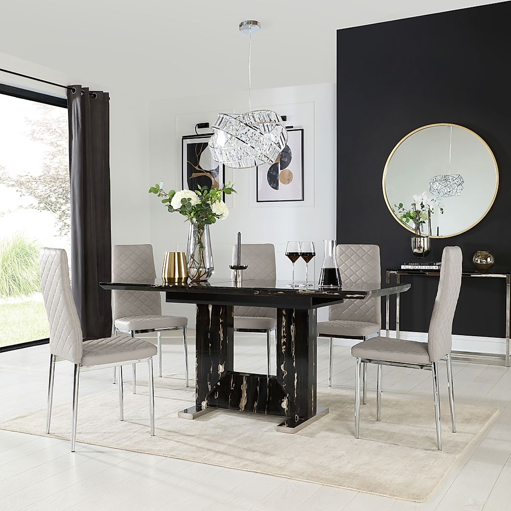 Florence Extending Dining Table & 4 Renzo Chairs, Black Marble Effect, Stone Grey Classic Faux Leather & Chrome, 120-160cm