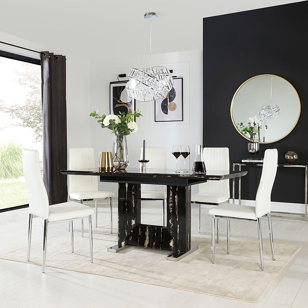 Florence Extending Dining Table & 4 Leon Chairs, Black Marble Effect, White Classic Faux Leather & Chrome, 120-160cm
