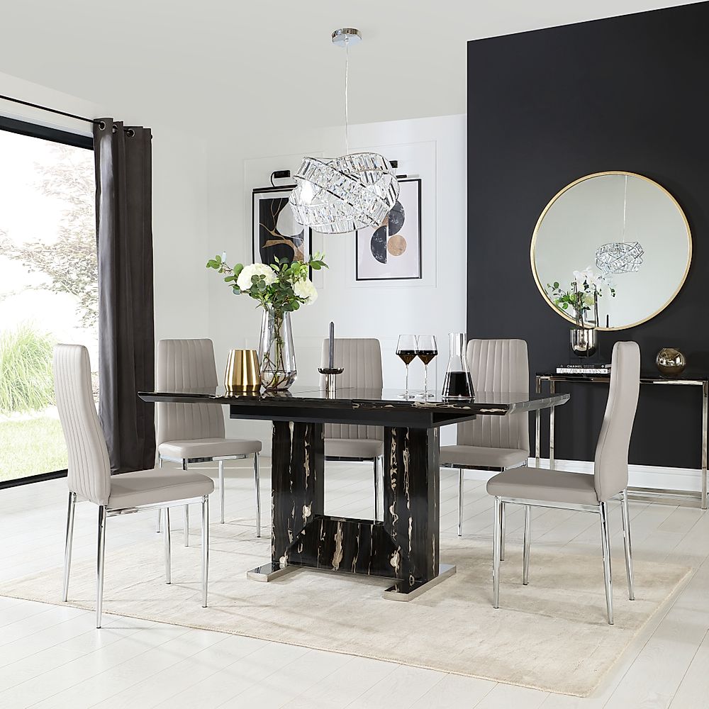 Florence Extending Dining Table & 4 Leon Chairs, Black Marble Effect, Stone Grey Classic Faux Leather & Chrome, 120-160cm