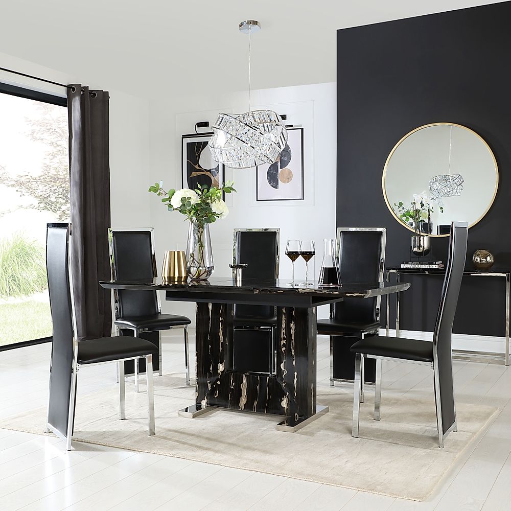 Florence Extending Dining Table & 6 Celeste Chairs, Black Marble Effect, Black Classic Faux Leather & Chrome, 120-160cm