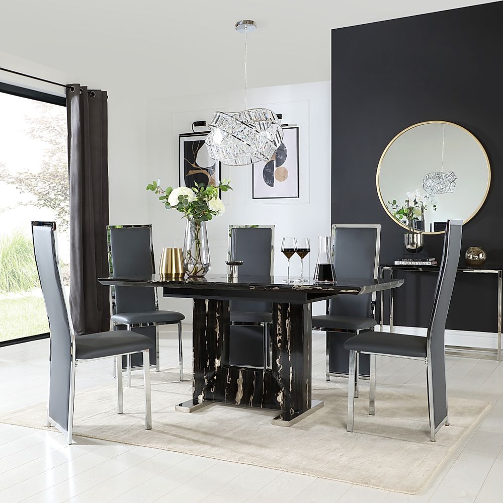 Florence Extending Dining Table & 4 Celeste Chairs, Black Marble Effect, Grey Classic Faux Leather & Chrome, 120-160cm