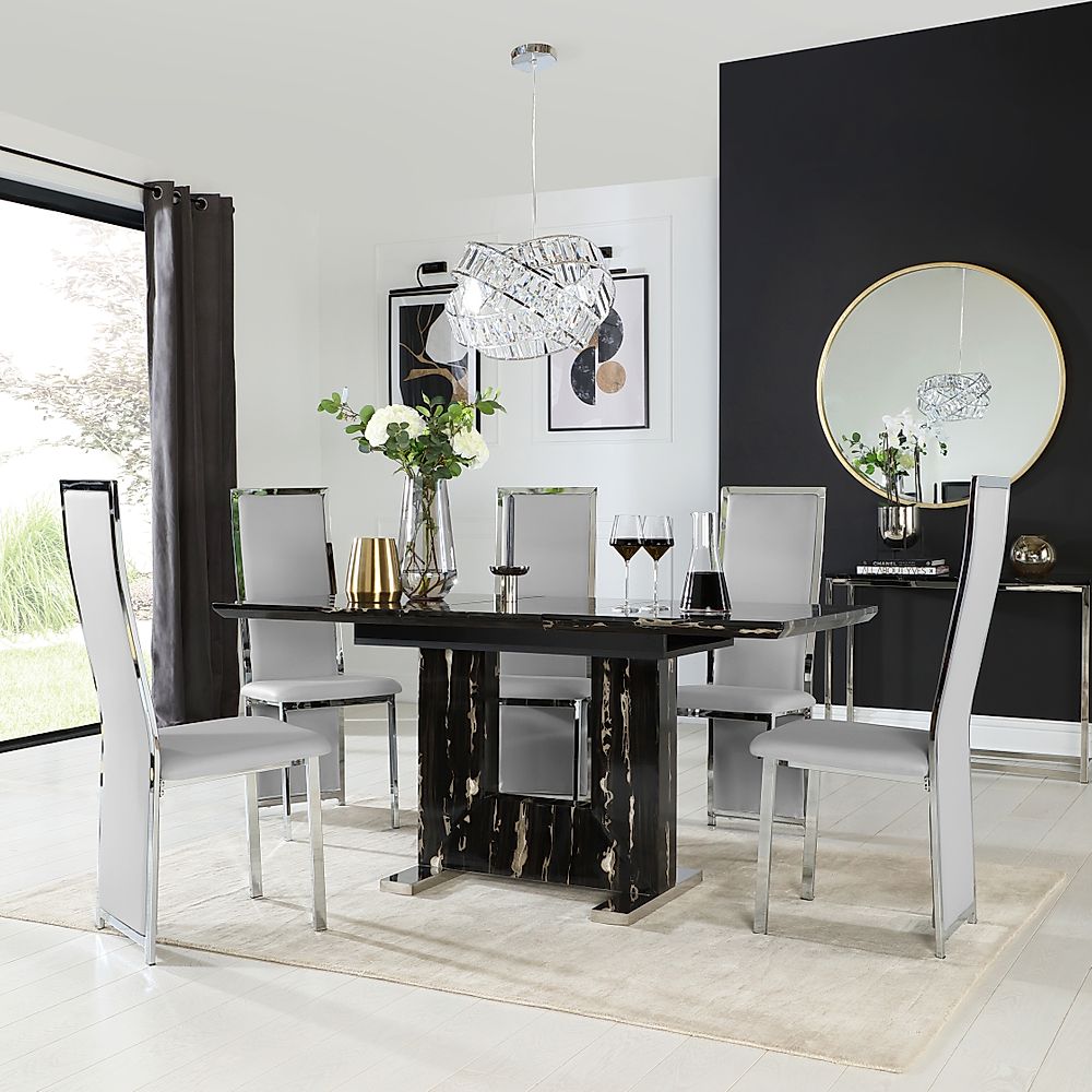 Florence Extending Dining Table & 6 Celeste Chairs, Black Marble Effect, Light Grey Classic Faux Leather & Chrome, 120-160cm