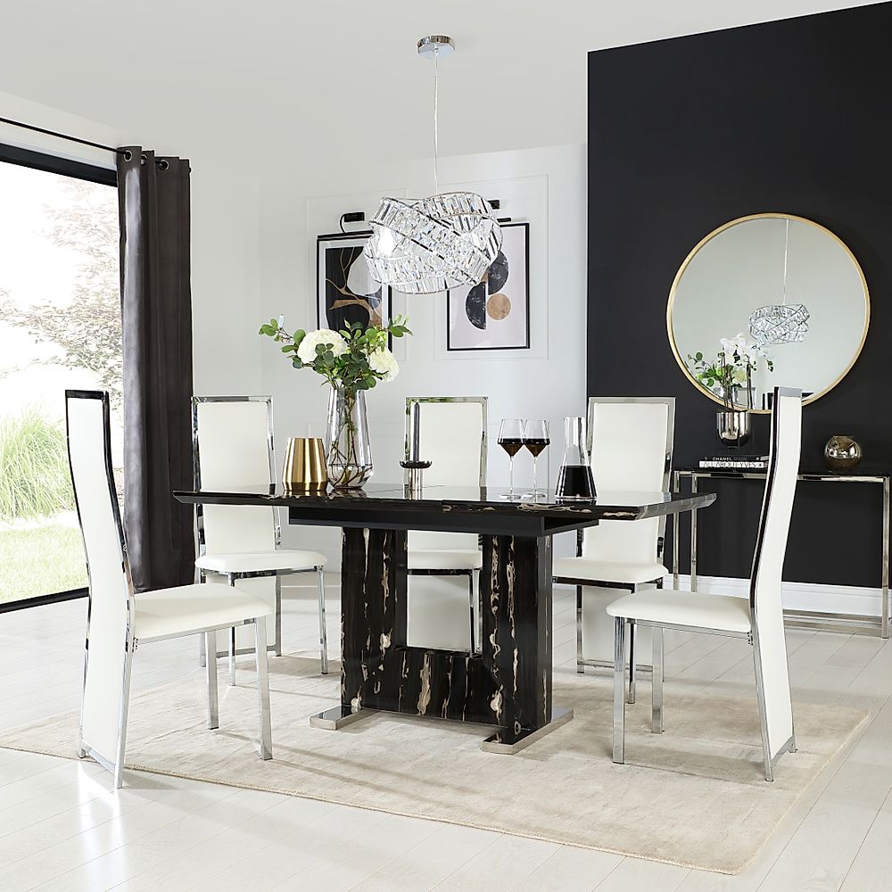 Florence Extending Dining Table & 4 Celeste Chairs, Black Marble Effect, White Classic Faux Leather & Chrome, 120-160cm
