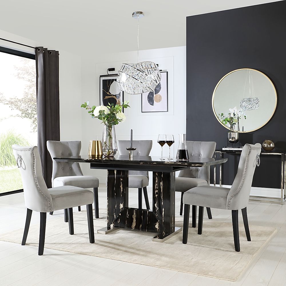 Florence Extending Dining Table & 4 Kensington Chairs, Black Marble Effect, Grey Classic Velvet & Black Solid Hardwood, 120-160cm