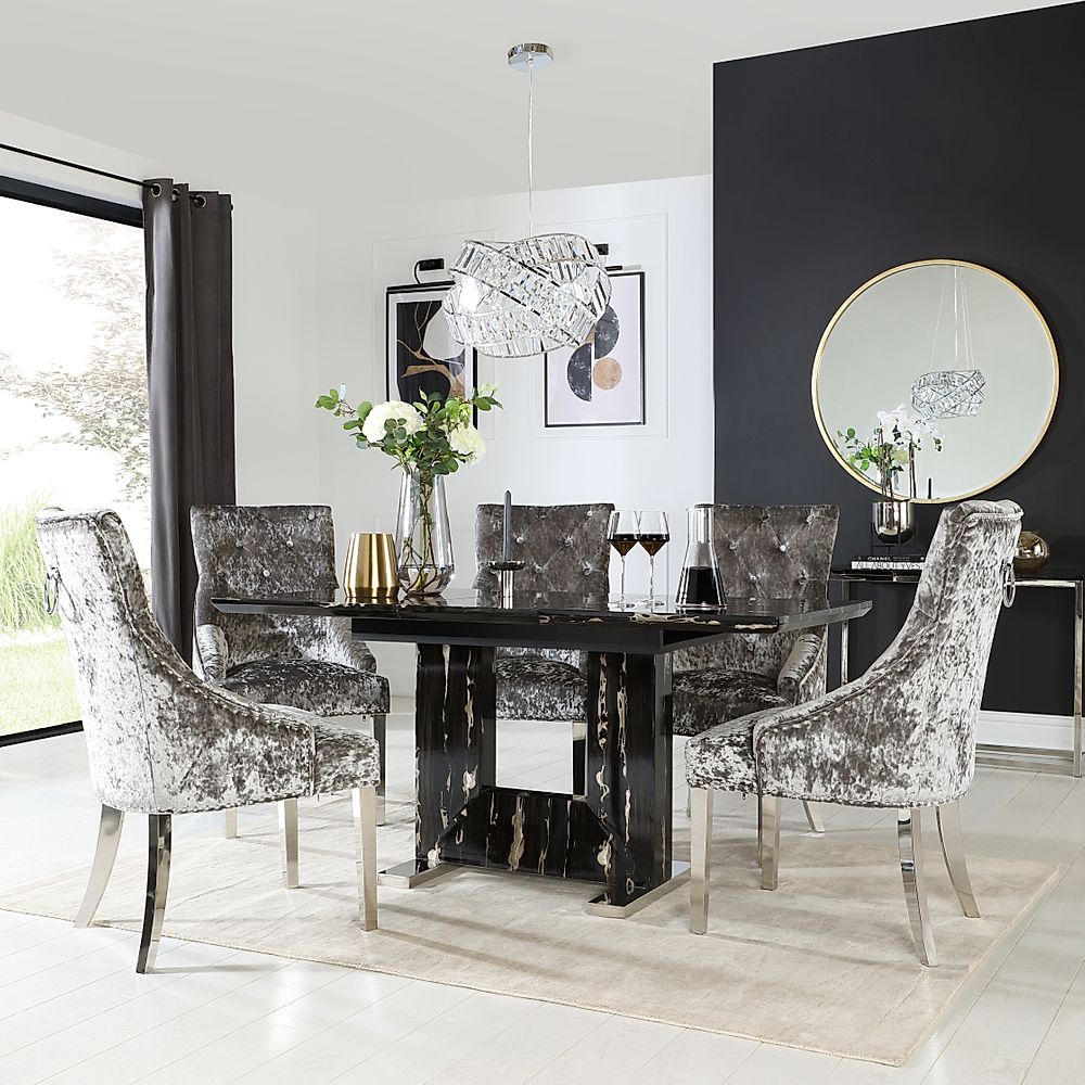 Florence Extending Dining Table & 4 Imperial Chairs, Black Marble Effect, Silver Crushed Velvet & Chrome, 120-160cm