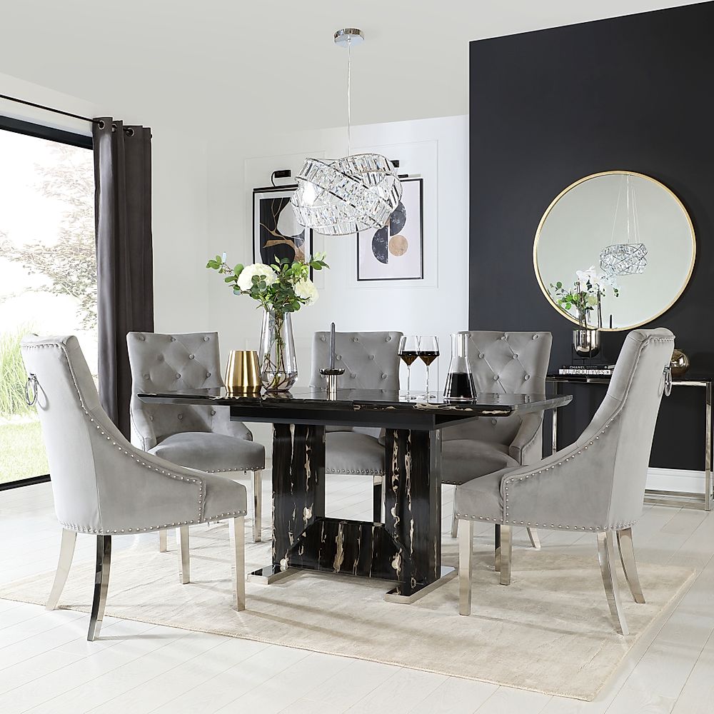 Florence Extending Dining Table & 4 Imperial Chairs, Black Marble Effect, Grey Classic Velvet & Chrome, 120-160cm