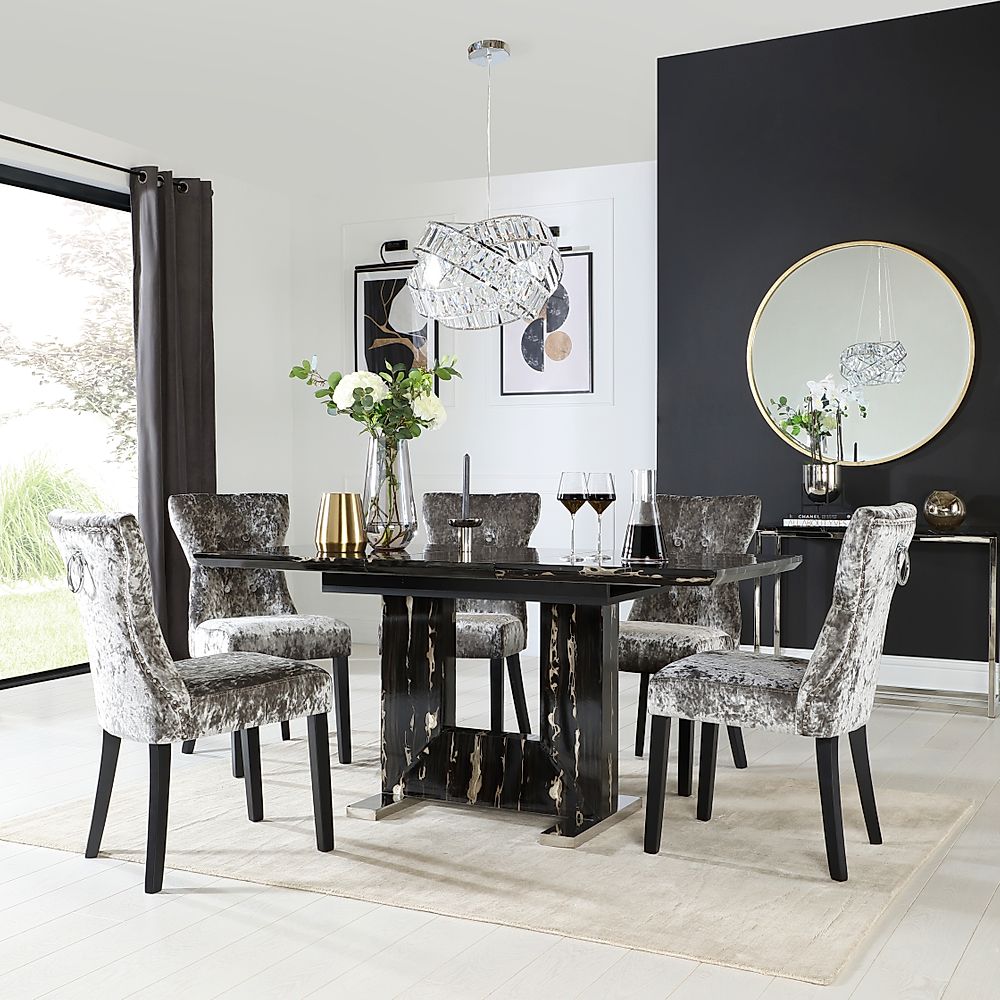 Florence Extending Dining Table & 4 Kensington Chairs, Black Marble Effect, Silver Crushed Velvet & Black Solid Hardwood, 120-160cm