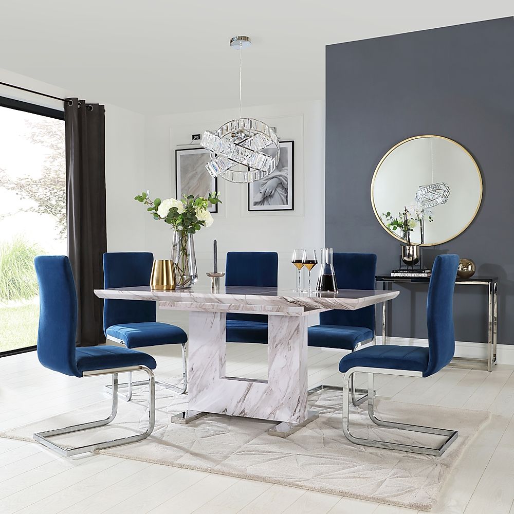 Florence Extending Dining Table & 4 Perth Chairs, Grey Marble Effect, Blue Classic Velvet & Chrome, 120-160cm