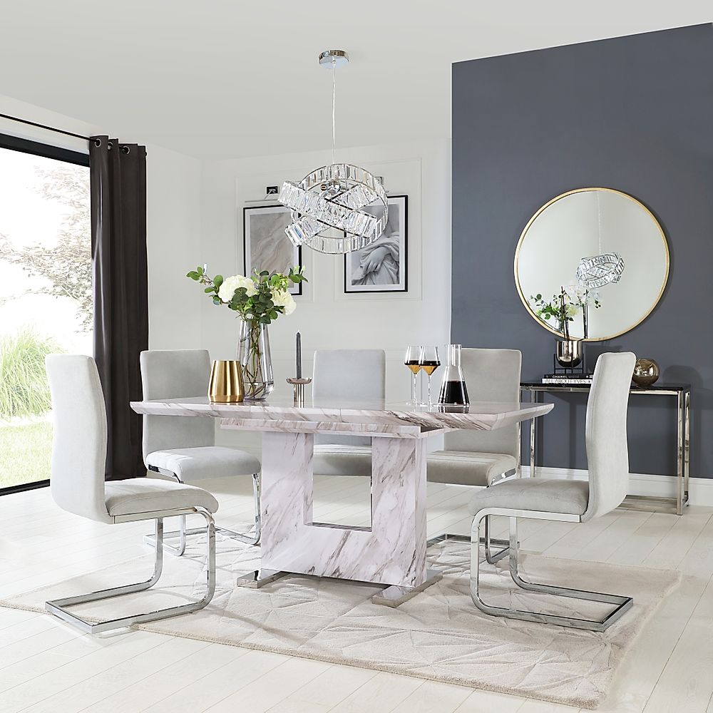 Florence Extending Dining Table & 4 Perth Chairs, Grey Marble Effect, Dove Grey Classic Plush Fabric & Chrome, 120-160cm