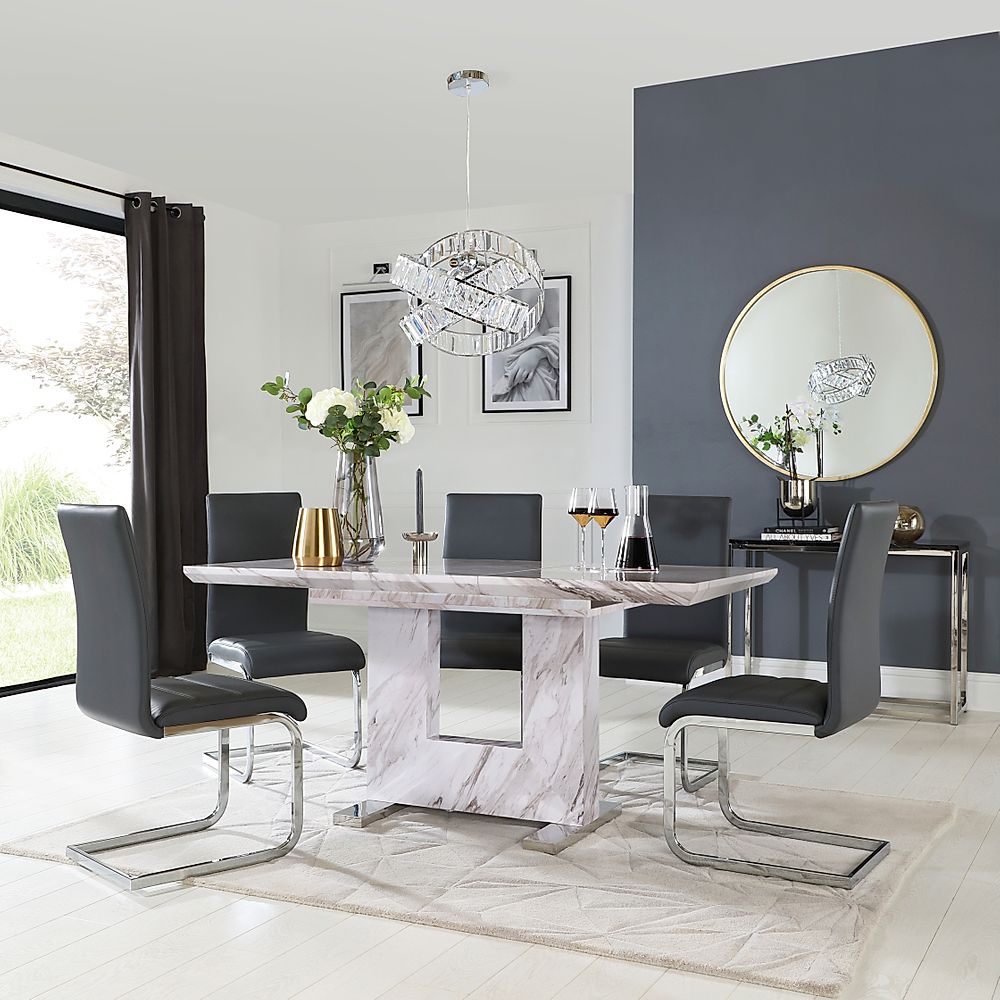 Florence Extending Dining Table & 4 Perth Chairs, Grey Marble Effect, Grey Classic Faux Leather & Chrome, 120-160cm