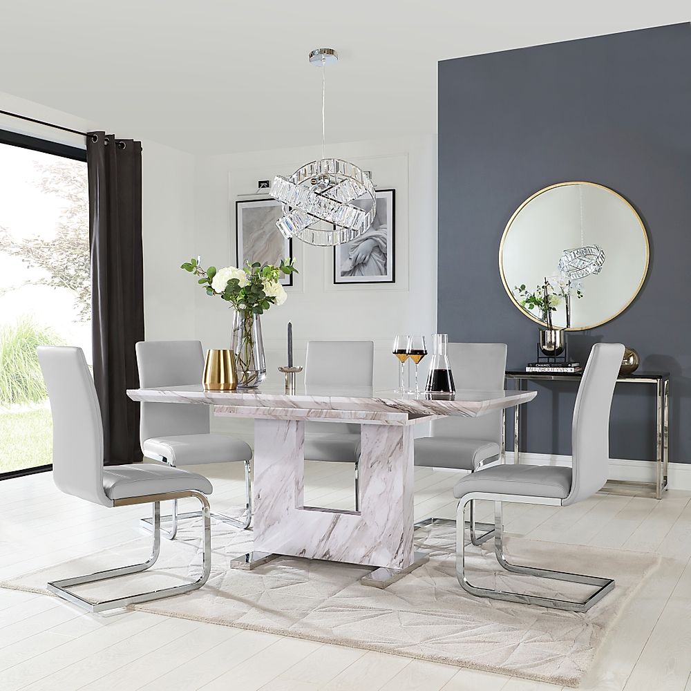 Florence Extending Dining Table & 4 Perth Chairs, Grey Marble Effect, Light Grey Classic Faux Leather & Chrome, 120-160cm