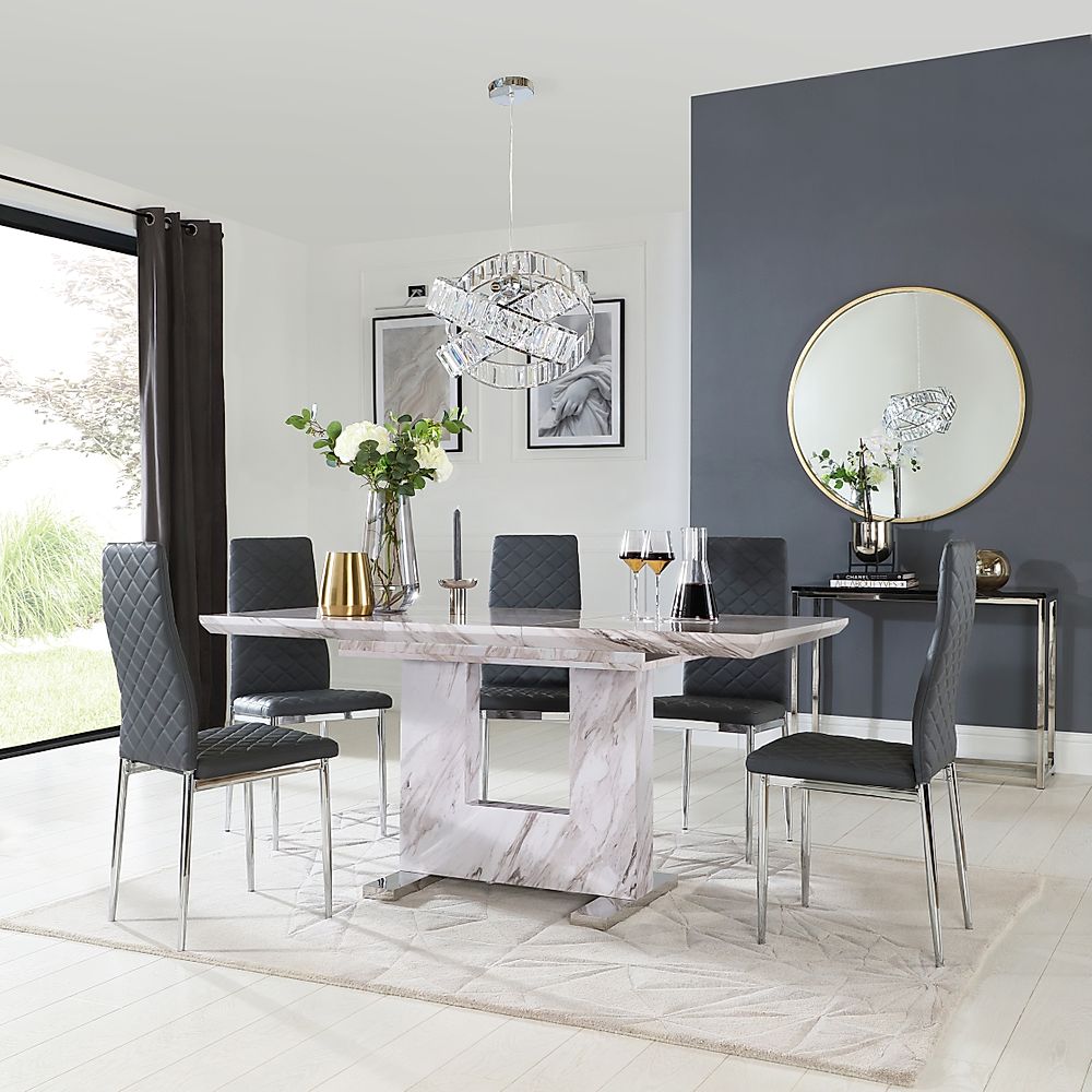 Florence Extending Dining Table & 6 Renzo Chairs, Grey Marble Effect, Grey Classic Faux Leather & Chrome, 120-160cm