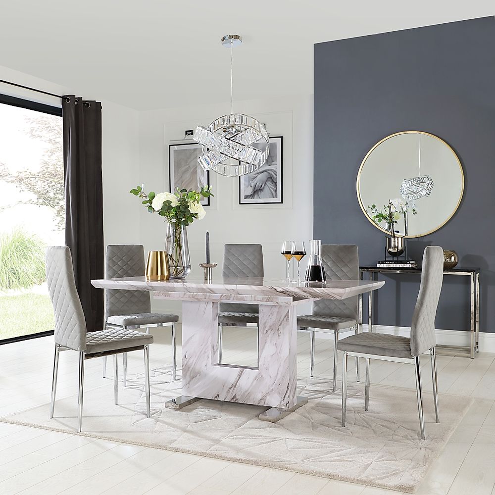 Florence Extending Dining Table & 4 Renzo Chairs, Grey Marble Effect, Grey Classic Velvet & Chrome, 120-160cm