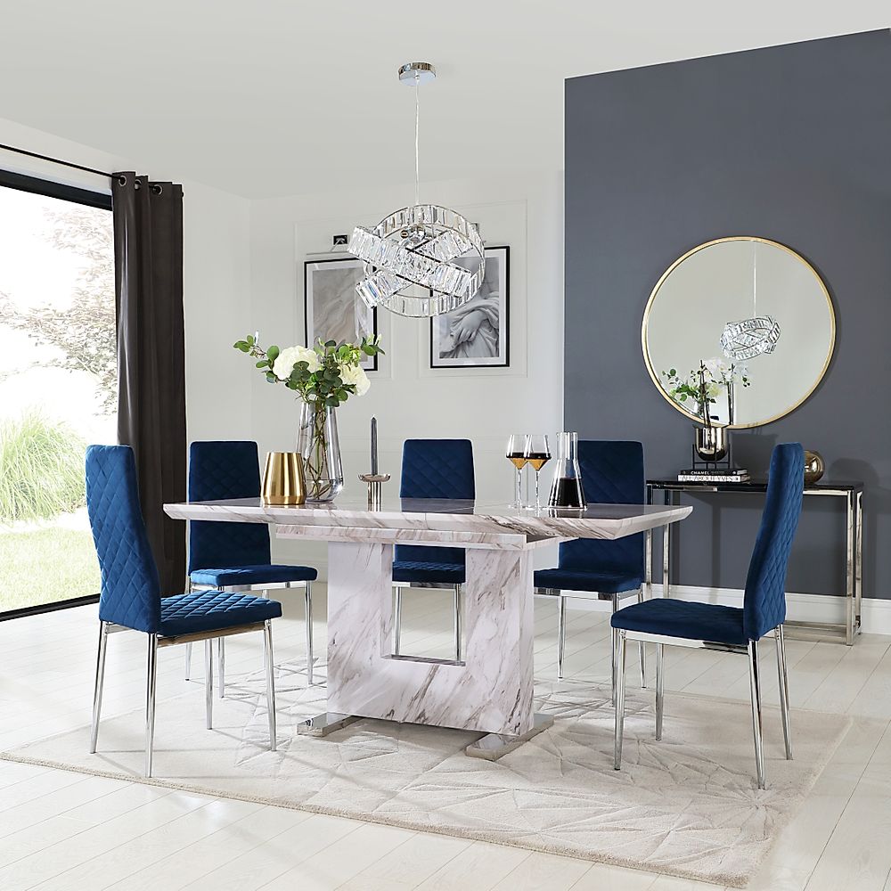 Florence Extending Dining Table & 4 Renzo Chairs, Grey Marble Effect, Blue Classic Velvet & Chrome, 120-160cm