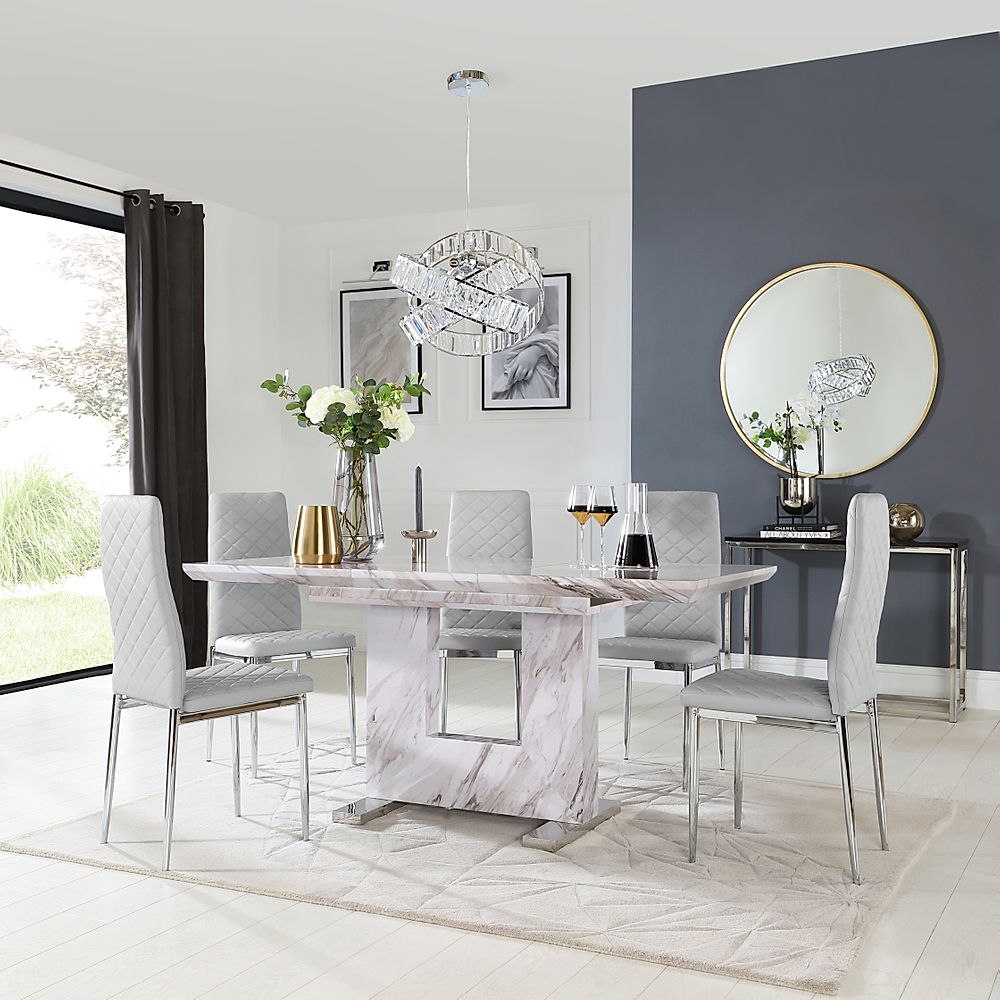 Florence Extending Dining Table & 4 Renzo Chairs, Grey Marble Effect, Light Grey Classic Faux Leather & Chrome, 120-160cm