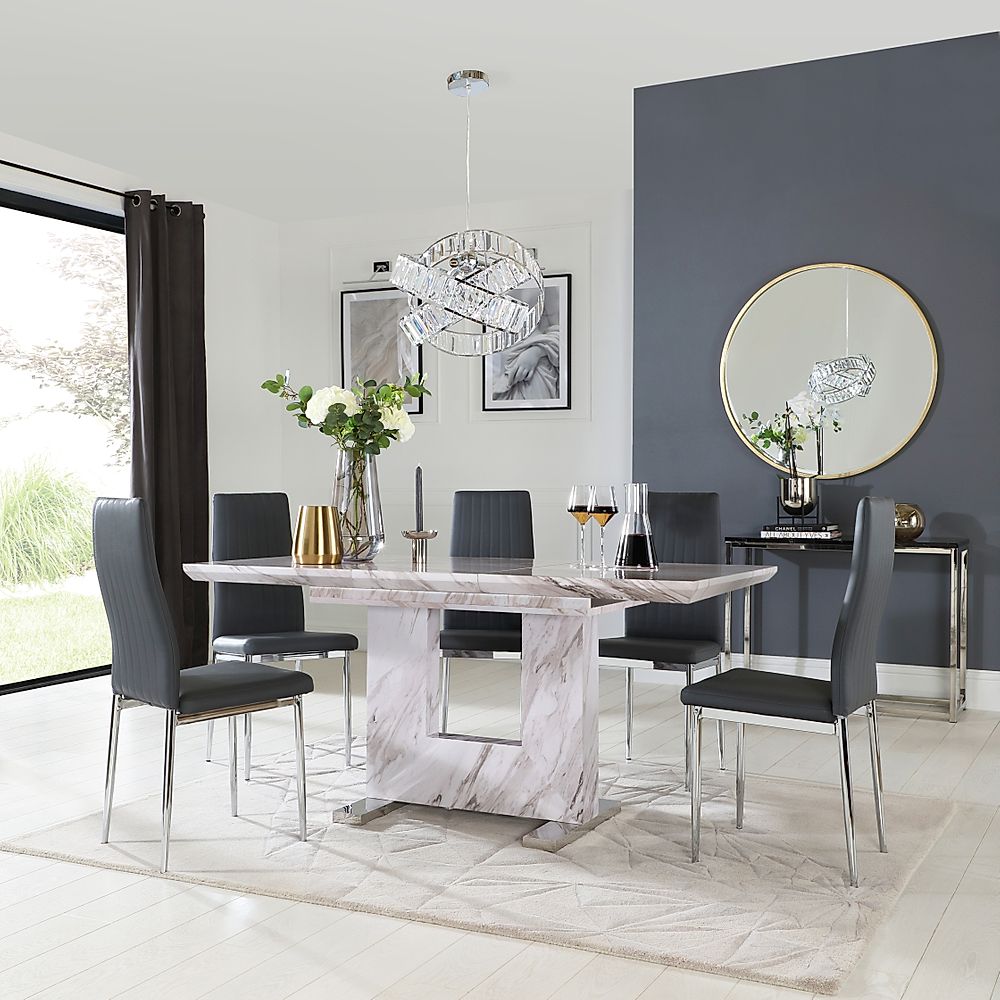 Florence Extending Dining Table & 6 Leon Chairs, Grey Marble Effect, Grey Classic Faux Leather & Chrome, 120-160cm