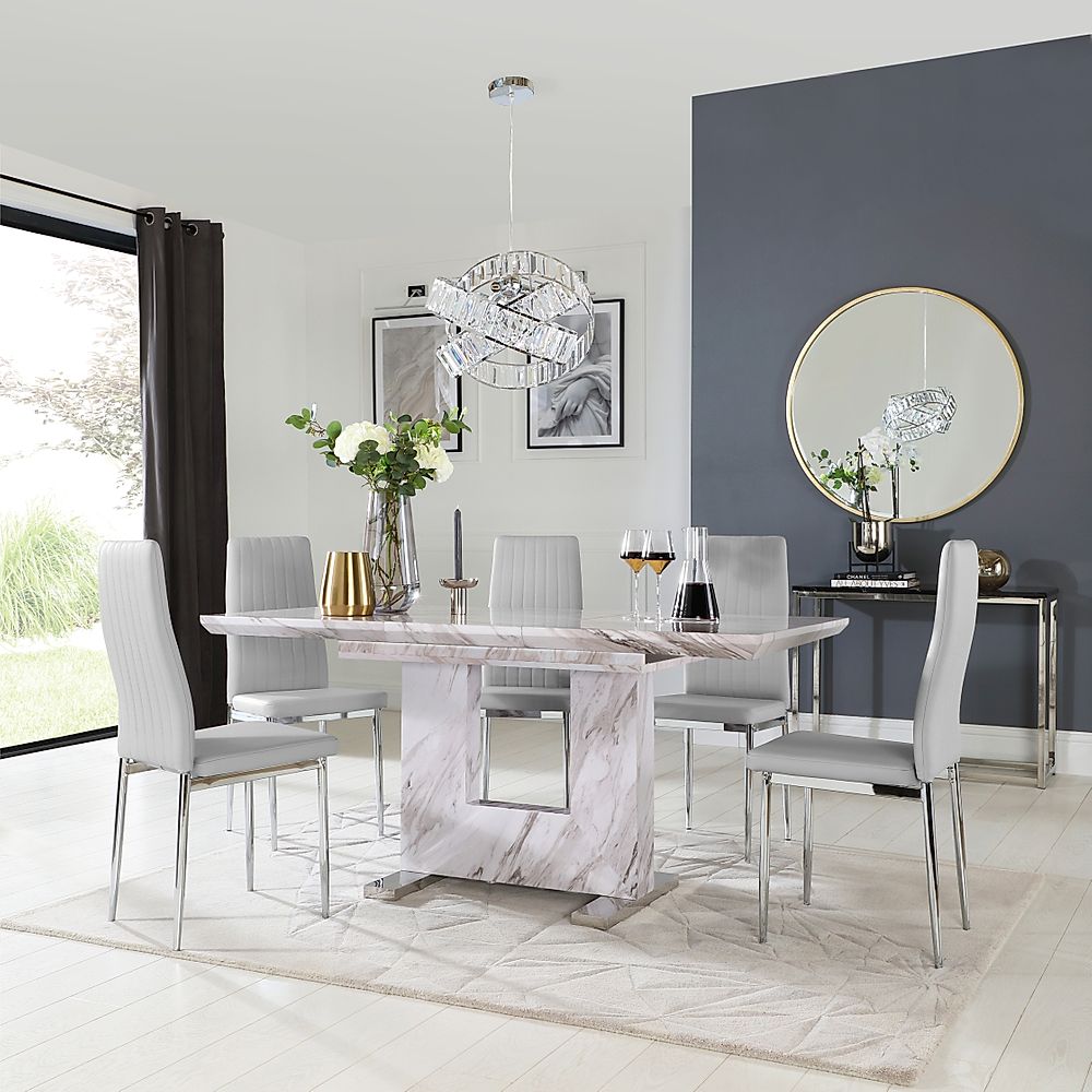 Florence Extending Dining Table & 4 Leon Chairs, Grey Marble Effect, Light Grey Classic Faux Leather & Chrome, 120-160cm