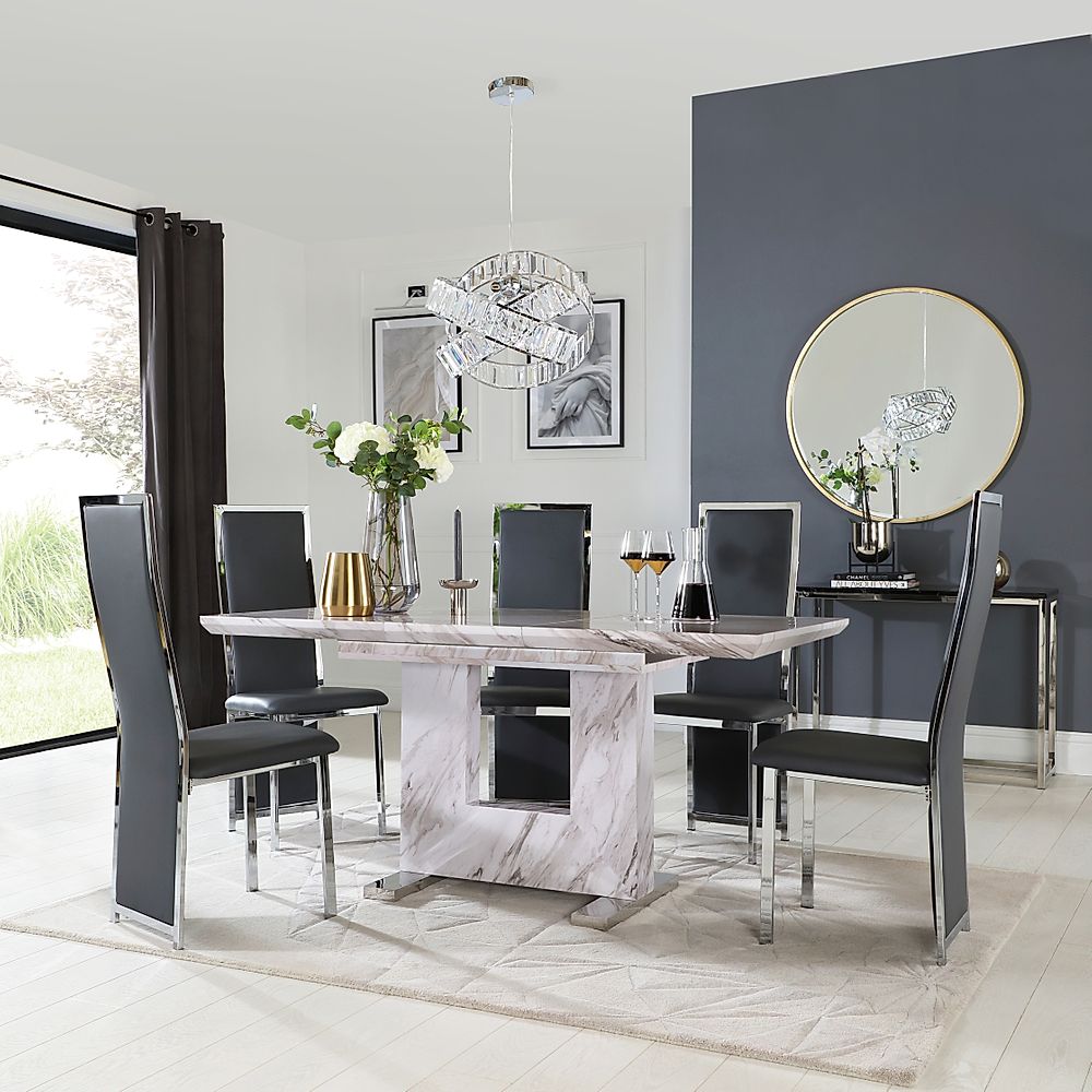 Florence Extending Dining Table & 4 Celeste Chairs, Grey Marble Effect, Grey Classic Faux Leather & Chrome, 120-160cm
