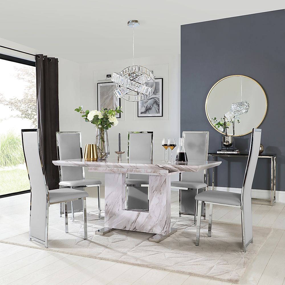 Florence Extending Dining Table & 4 Celeste Chairs, Grey Marble Effect, Light Grey Classic Faux Leather & Chrome, 120-160cm