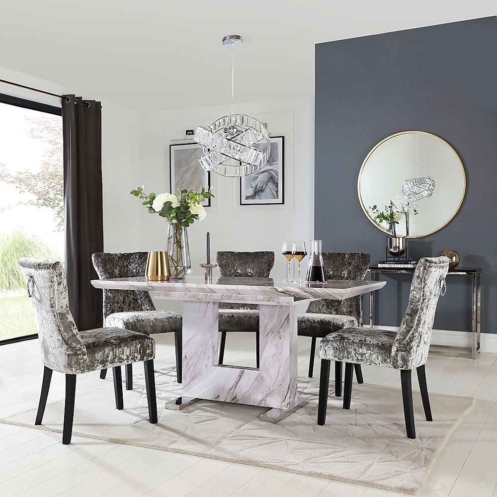 Florence Extending Dining Table & 4 Kensington Chairs, Grey Marble Effect, Silver Crushed Velvet & Black Solid Hardwood, 120-160cm