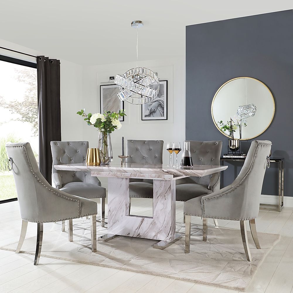 Florence Extending Dining Table & 6 Imperial Chairs, Grey Marble Effect, Grey Classic Velvet & Chrome, 120-160cm