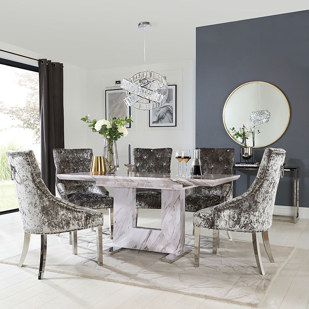Florence Extending Dining Table & 4 Imperial Chairs, Grey Marble Effect, Silver Crushed Velvet & Chrome, 120-160cm