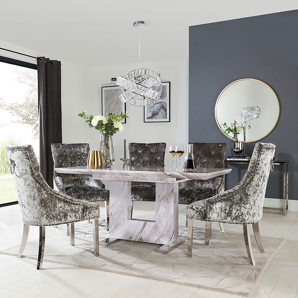 Florence Extending Dining Table & 6 Imperial Chairs, Grey Marble Effect, Silver Crushed Velvet & Chrome, 120-160cm