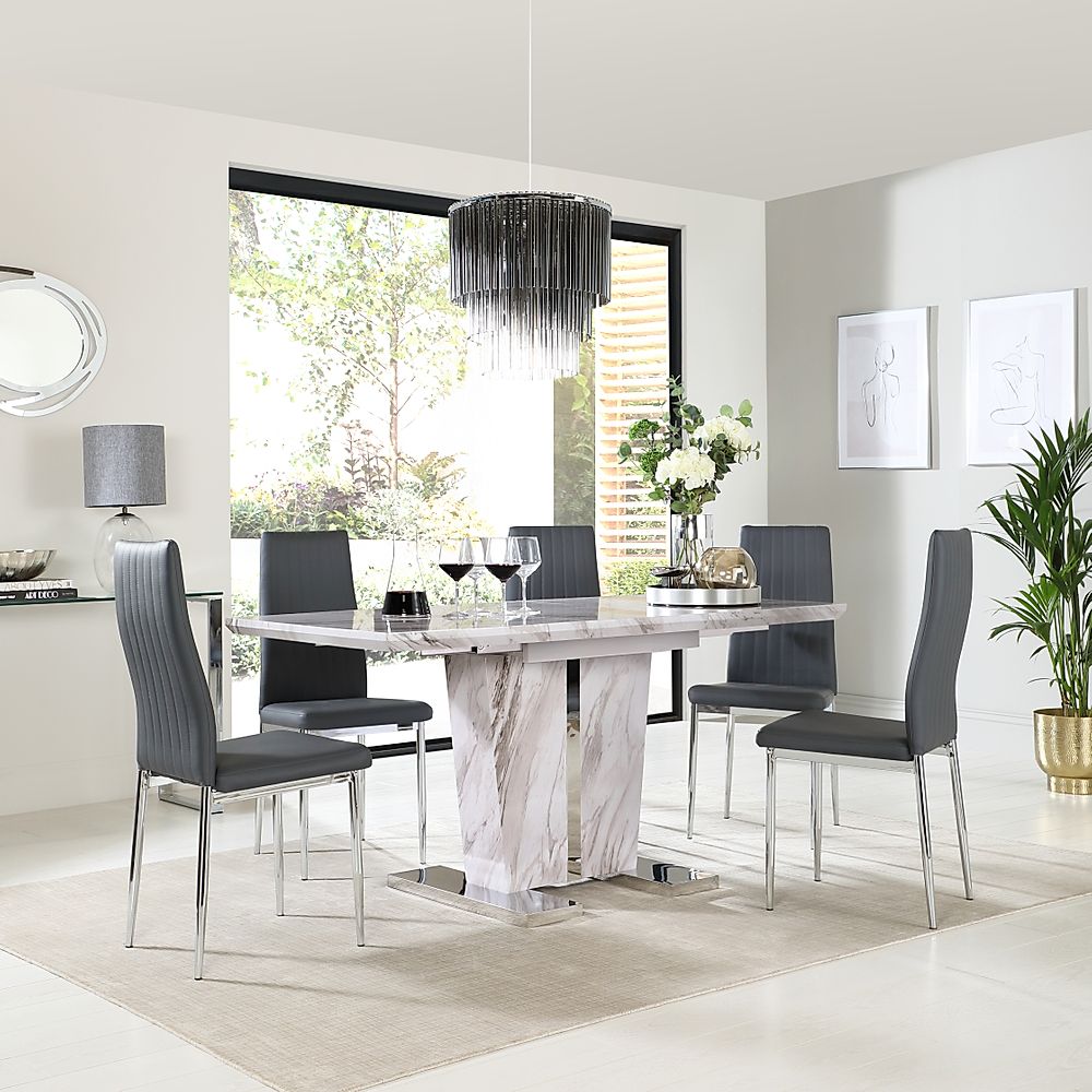 Vienna Extending Dining Table & 4 Leon Chairs, Grey Marble Effect, Grey Classic Faux Leather & Chrome, 120-160cm