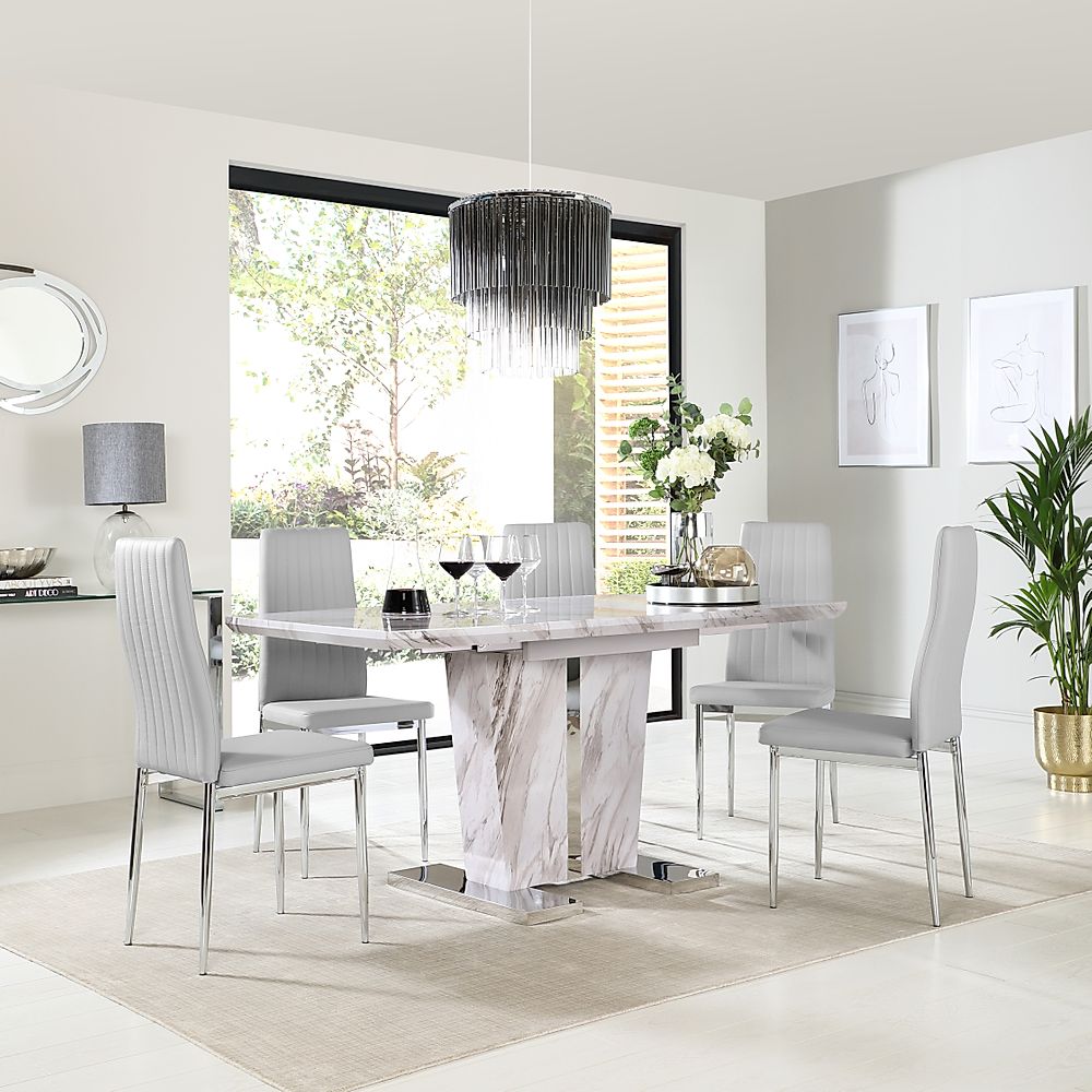 Vienna Extending Dining Table & 6 Leon Chairs, Grey Marble Effect, Light Grey Classic Faux Leather & Chrome, 120-160cm