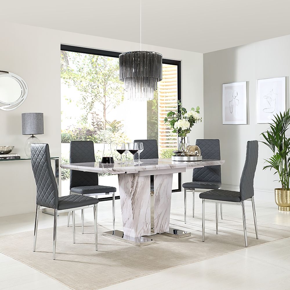 Vienna Extending Dining Table & 6 Renzo Chairs, Grey Marble Effect, Grey Classic Faux Leather & Chrome, 120-160cm