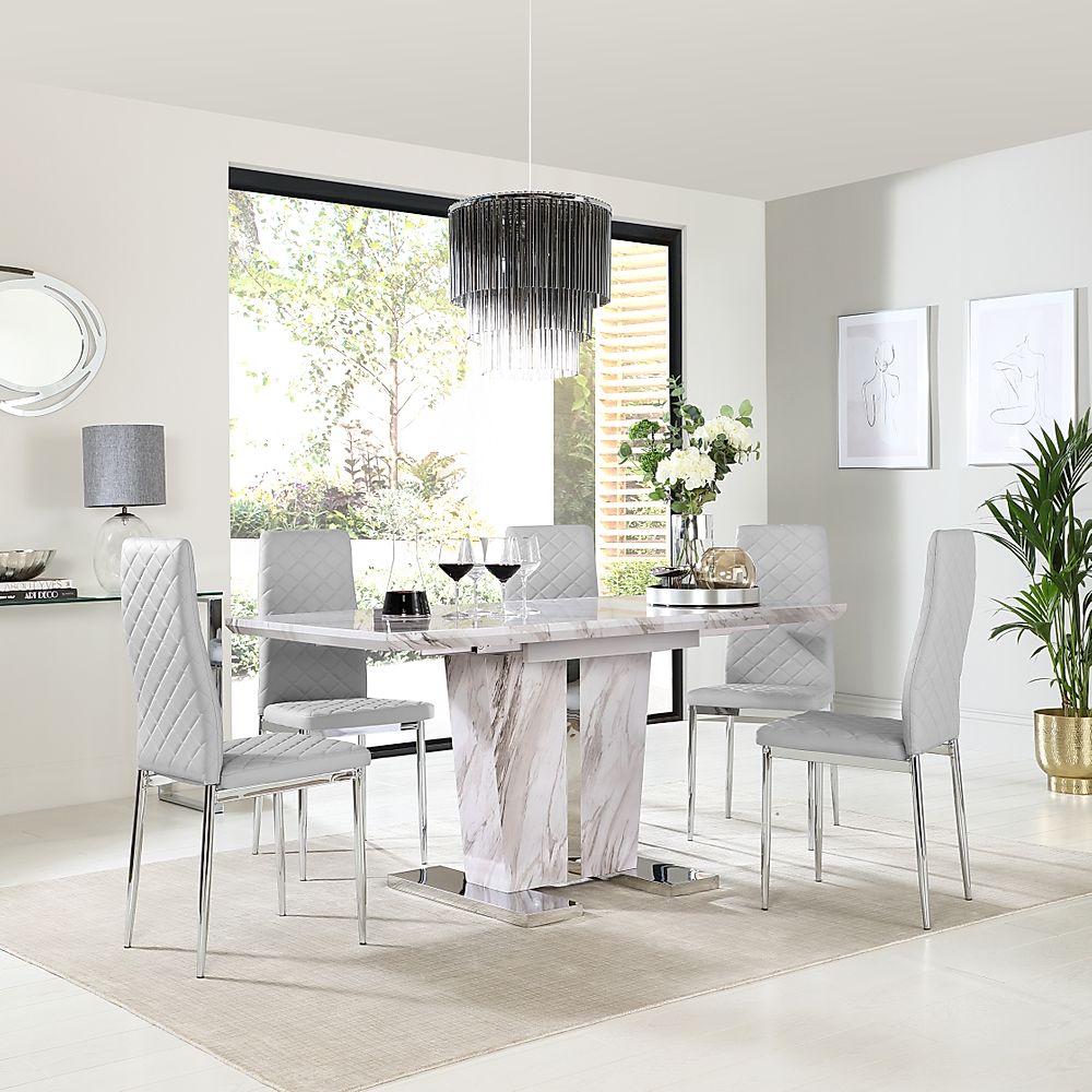 Vienna Extending Dining Table & 4 Renzo Chairs, Grey Marble Effect, Light Grey Classic Faux Leather & Chrome, 120-160cm