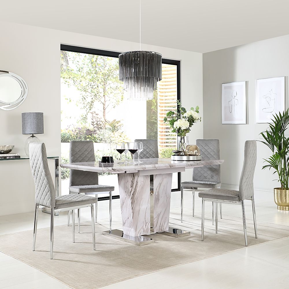 Vienna Extending Dining Table & 4 Renzo Chairs, Grey Marble Effect, Grey Classic Velvet & Chrome, 120-160cm