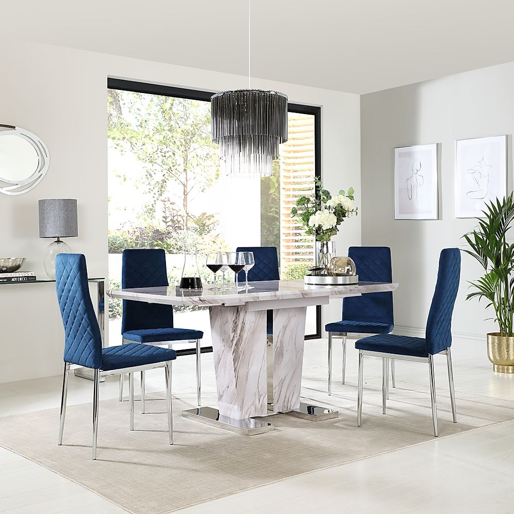 Vienna Extending Dining Table & 4 Renzo Chairs, Grey Marble Effect, Blue Classic Velvet & Chrome, 120-160cm
