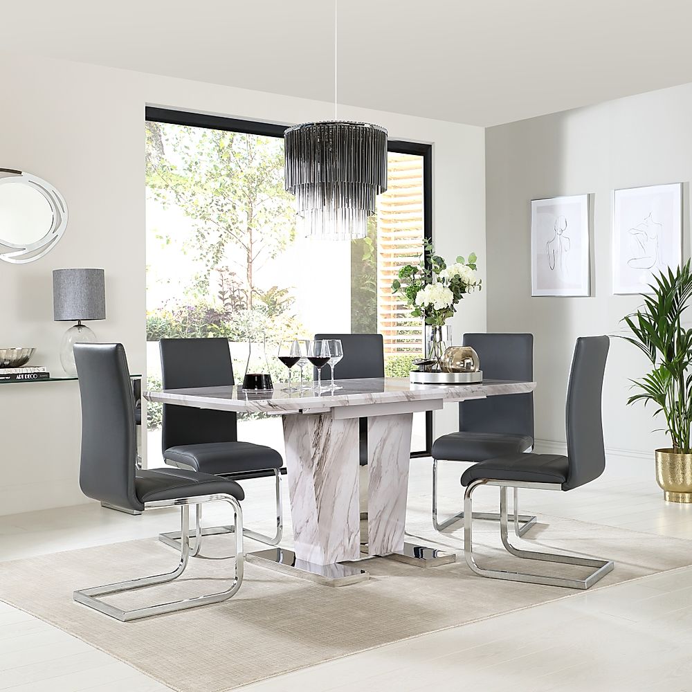 Vienna Extending Dining Table & 4 Perth Chairs, Grey Marble Effect, Grey Classic Faux Leather & Chrome, 120-160cm