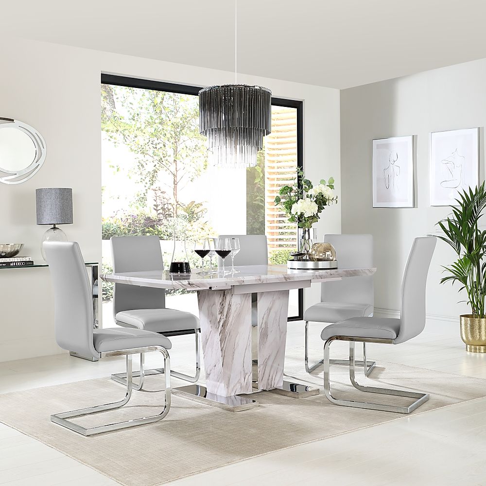 Vienna Extending Dining Table & 4 Perth Chairs, Grey Marble Effect, Light Grey Classic Faux Leather & Chrome, 120-160cm
