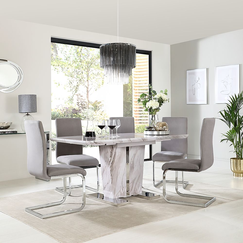 Vienna Extending Dining Table & 4 Perth Chairs, Grey Marble Effect, Grey Classic Velvet & Chrome, 120-160cm