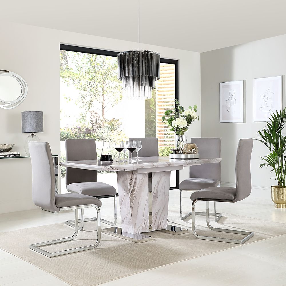 Vienna Extending Dining Table & 6 Perth Chairs, Grey Marble Effect, Grey Classic Velvet & Chrome, 120-160cm